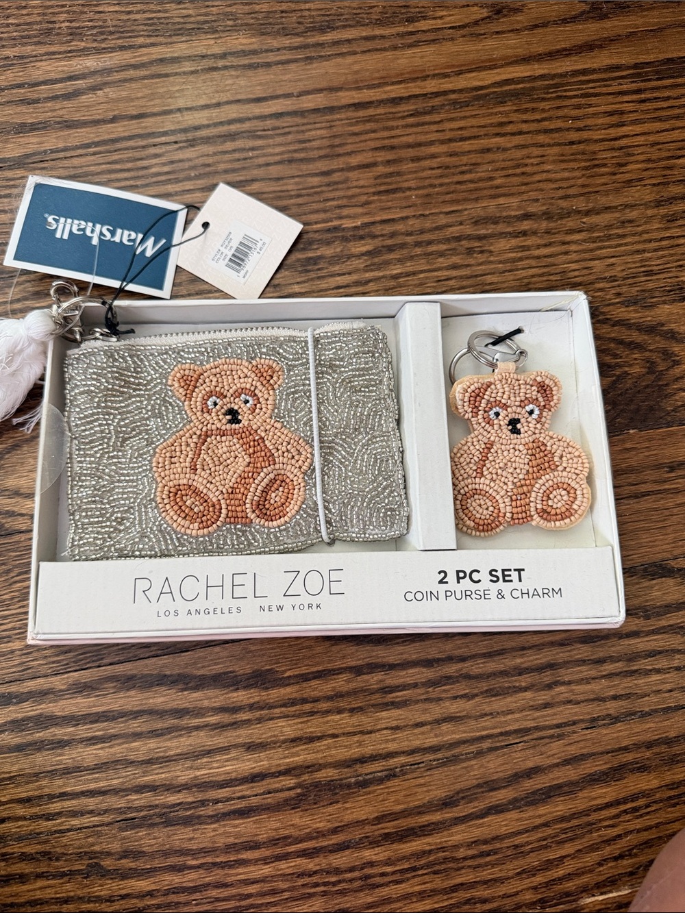Rachel Zoe Silver Beaded Coin Purse with Peach Teddy Charm Set